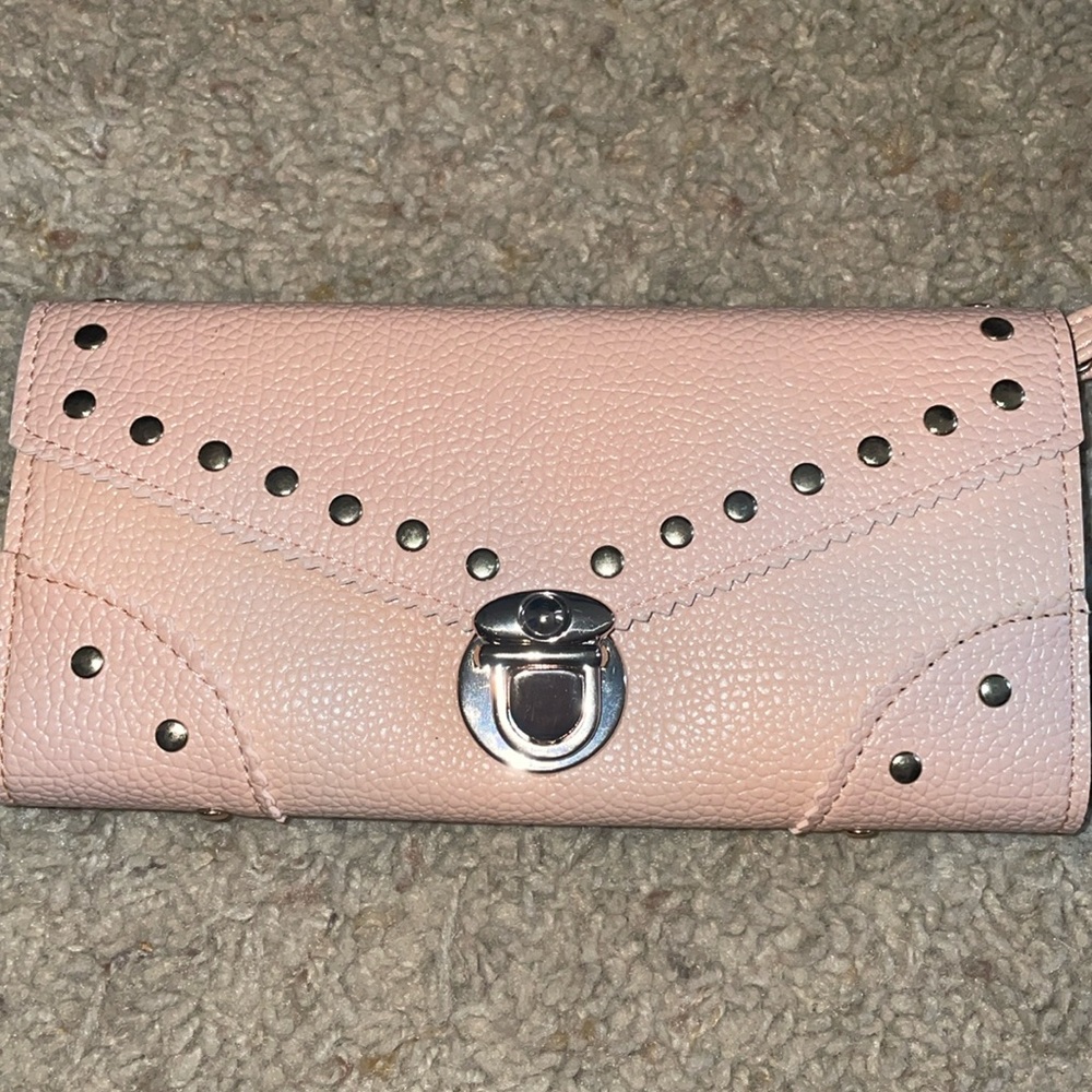 Pink studded wallet with wristlet